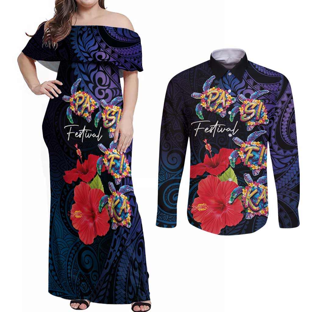 Pasifika Festival Couples Matching Off Shoulder Maxi Dress and Long Sleeve Button Shirt Plumeria Turtles with Hibiscus - Polynesian Art Tattoo Dark Navy Color LT03 Dark Navy - Polynesian Pride