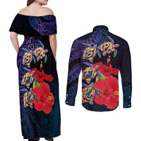 Pasifika Festival Couples Matching Off Shoulder Maxi Dress and Long Sleeve Button Shirt Plumeria Turtles with Hibiscus - Polynesian Art Tattoo Dark Navy Color LT03 - Polynesian Pride
