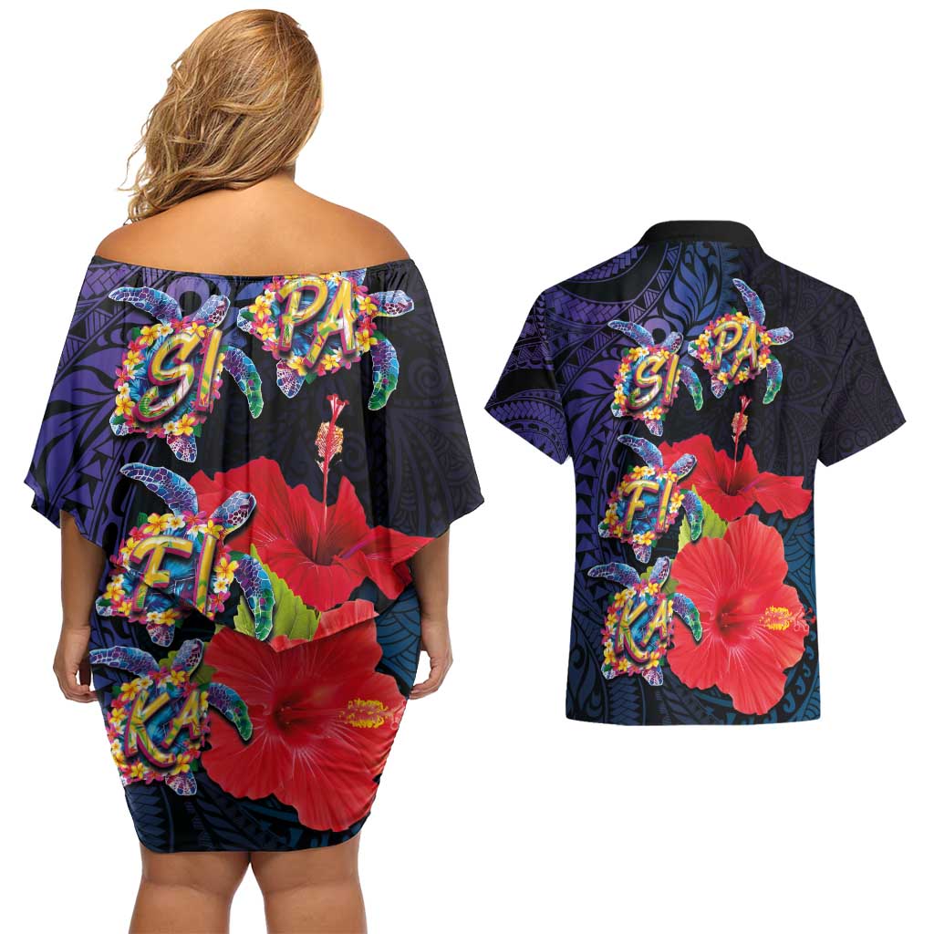Pasifika Festival Couples Matching Off Shoulder Short Dress and Hawaiian Shirt Plumeria Turtles with Hibiscus - Polynesian Art Tattoo Dark Navy Color LT03 - Polynesian Pride