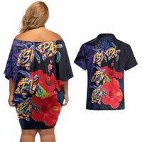 Pasifika Festival Couples Matching Off Shoulder Short Dress and Hawaiian Shirt Plumeria Turtles with Hibiscus - Polynesian Art Tattoo Dark Navy Color LT03 - Polynesian Pride