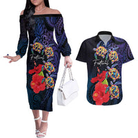 Pasifika Festival Couples Matching Off The Shoulder Long Sleeve Dress and Hawaiian Shirt Plumeria Turtles with Hibiscus - Polynesian Art Tattoo Dark Navy Color LT03 Dark Navy - Polynesian Pride