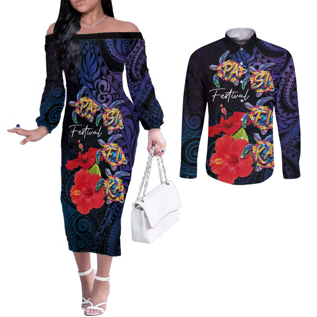 Pasifika Festival Couples Matching Off The Shoulder Long Sleeve Dress and Long Sleeve Button Shirt Plumeria Turtles with Hibiscus - Polynesian Art Tattoo Dark Navy Color LT03 Dark Navy - Polynesian Pride