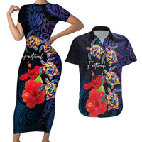Pasifika Festival Couples Matching Short Sleeve Bodycon Dress and Hawaiian Shirt Plumeria Turtles with Hibiscus - Polynesian Art Tattoo Dark Navy Color LT03 Dark Navy - Polynesian Pride