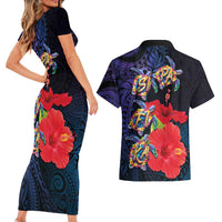 Pasifika Festival Couples Matching Short Sleeve Bodycon Dress and Hawaiian Shirt Plumeria Turtles with Hibiscus - Polynesian Art Tattoo Dark Navy Color LT03 - Polynesian Pride