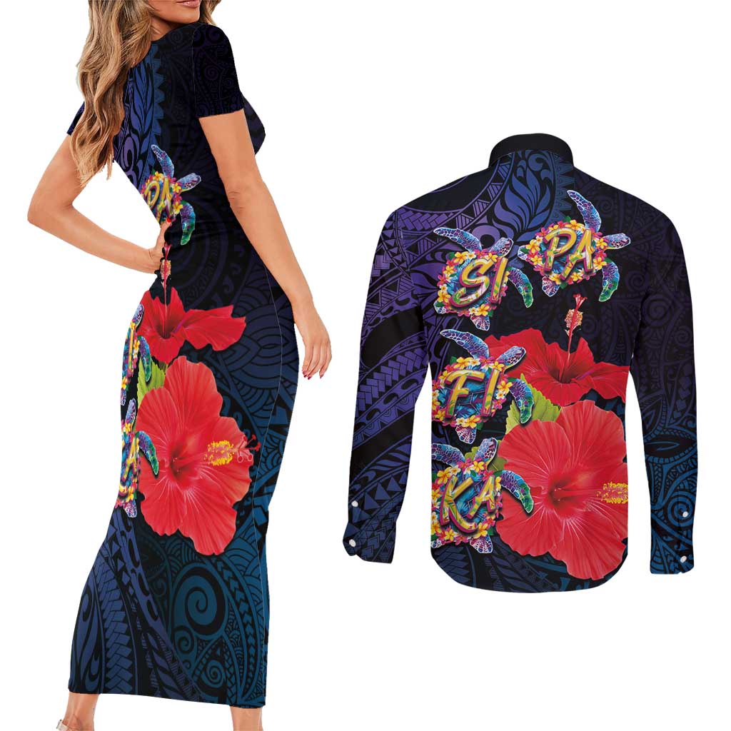 Pasifika Festival Couples Matching Short Sleeve Bodycon Dress and Long Sleeve Button Shirt Plumeria Turtles with Hibiscus - Polynesian Art Tattoo Dark Navy Color LT03 - Polynesian Pride