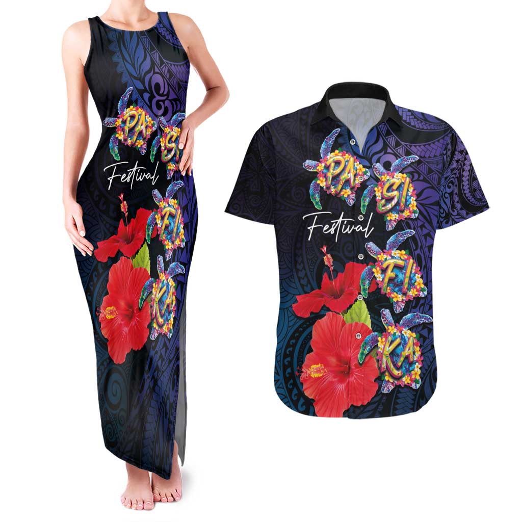 Pasifika Festival Couples Matching Tank Maxi Dress and Hawaiian Shirt Plumeria Turtles with Hibiscus - Polynesian Art Tattoo Dark Navy Color LT03 Dark Navy - Polynesian Pride