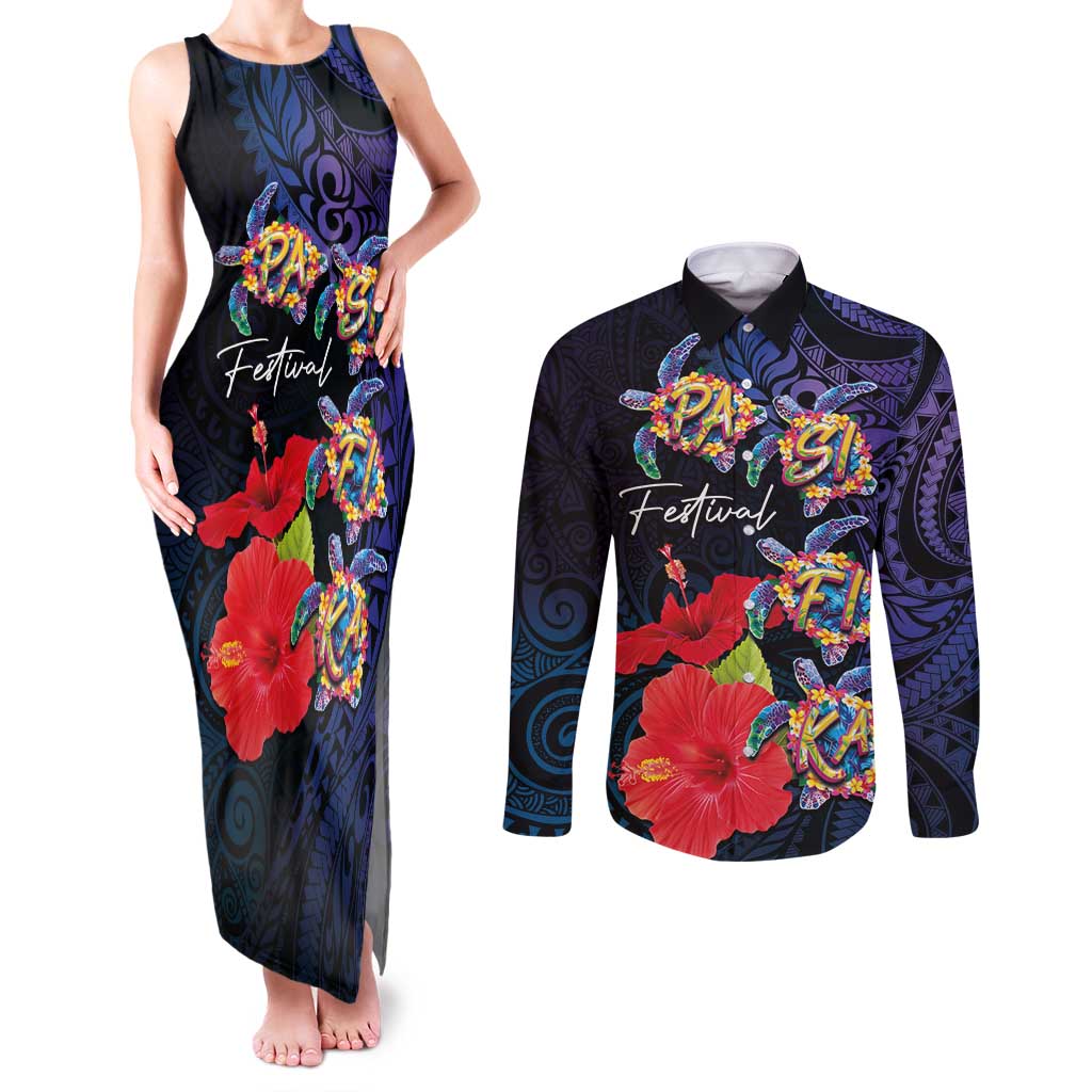 Pasifika Festival Couples Matching Tank Maxi Dress and Long Sleeve Button Shirt Plumeria Turtles with Hibiscus - Polynesian Art Tattoo Dark Navy Color LT03 Dark Navy - Polynesian Pride
