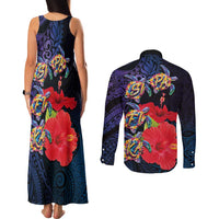 Pasifika Festival Couples Matching Tank Maxi Dress and Long Sleeve Button Shirt Plumeria Turtles with Hibiscus - Polynesian Art Tattoo Dark Navy Color LT03 - Polynesian Pride
