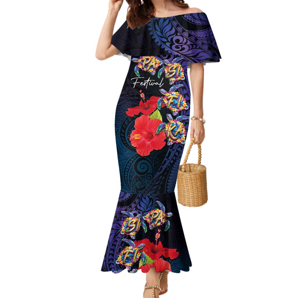 Pasifika Festival Family Matching Mermaid Dress and Hawaiian Shirt Plumeria Turtles with Hibiscus - Polynesian Art Tattoo Dark Navy Color LT03 Mom's Dress Dark Navy - Polynesian Pride