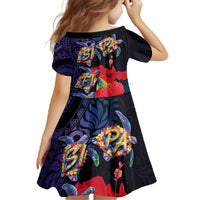 Pasifika Festival Family Matching Off The Shoulder Long Sleeve Dress and Hawaiian Shirt Plumeria Turtles with Hibiscus - Polynesian Art Tattoo Dark Navy Color LT03 - Polynesian Pride