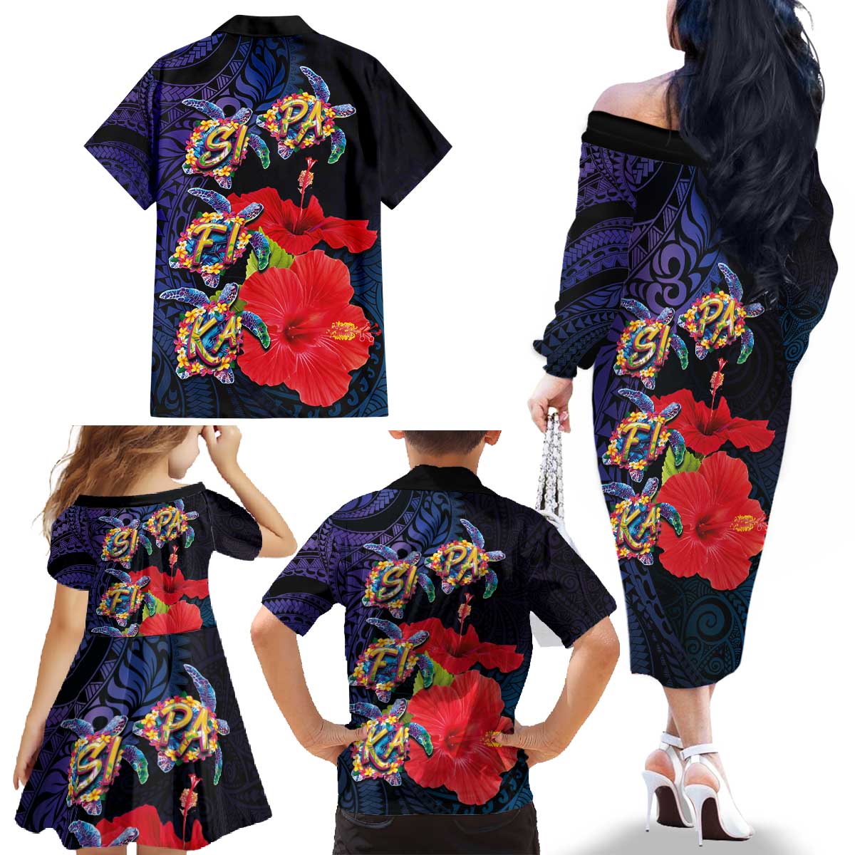 Pasifika Festival Family Matching Off The Shoulder Long Sleeve Dress and Hawaiian Shirt Plumeria Turtles with Hibiscus - Polynesian Art Tattoo Dark Navy Color LT03 - Polynesian Pride