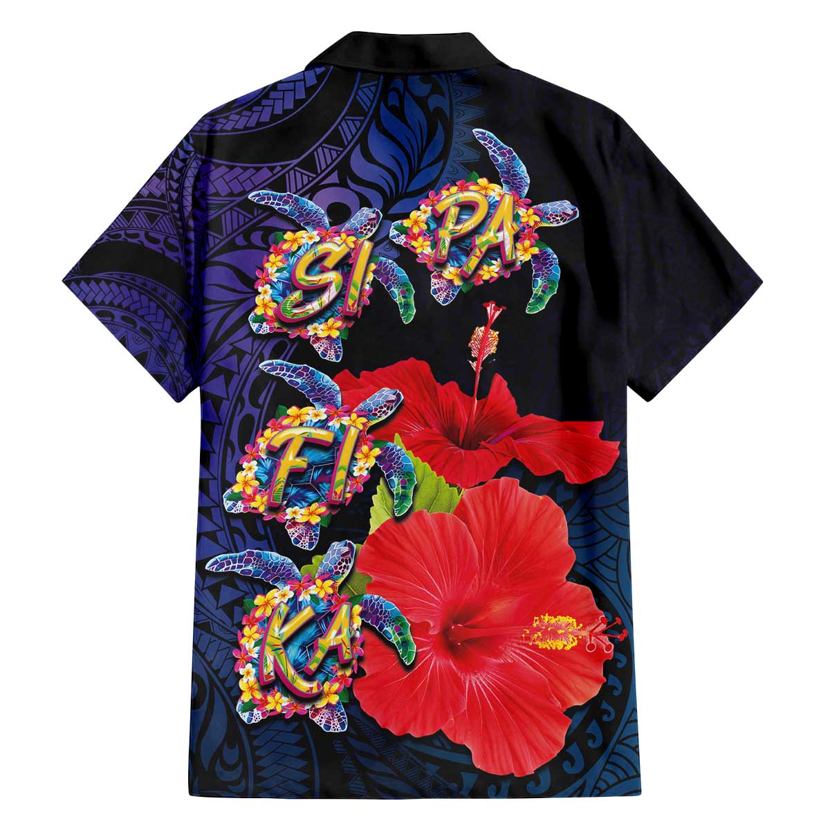 Pasifika Festival Family Matching Off The Shoulder Long Sleeve Dress and Hawaiian Shirt Plumeria Turtles with Hibiscus - Polynesian Art Tattoo Dark Navy Color LT03 - Polynesian Pride