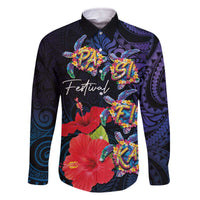 Pasifika Festival Family Matching Off The Shoulder Long Sleeve Dress and Hawaiian Shirt Plumeria Turtles with Hibiscus - Polynesian Art Tattoo Dark Navy Color LT03 Dad's Shirt - Long Sleeve Dark Navy - Polynesian Pride