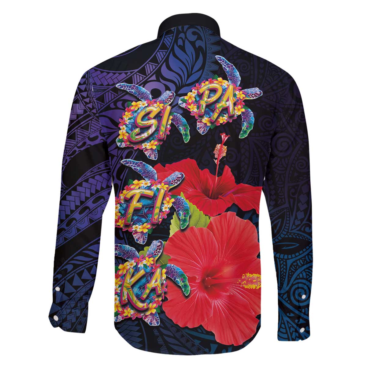 Pasifika Festival Family Matching Off The Shoulder Long Sleeve Dress and Hawaiian Shirt Plumeria Turtles with Hibiscus - Polynesian Art Tattoo Dark Navy Color LT03 - Polynesian Pride