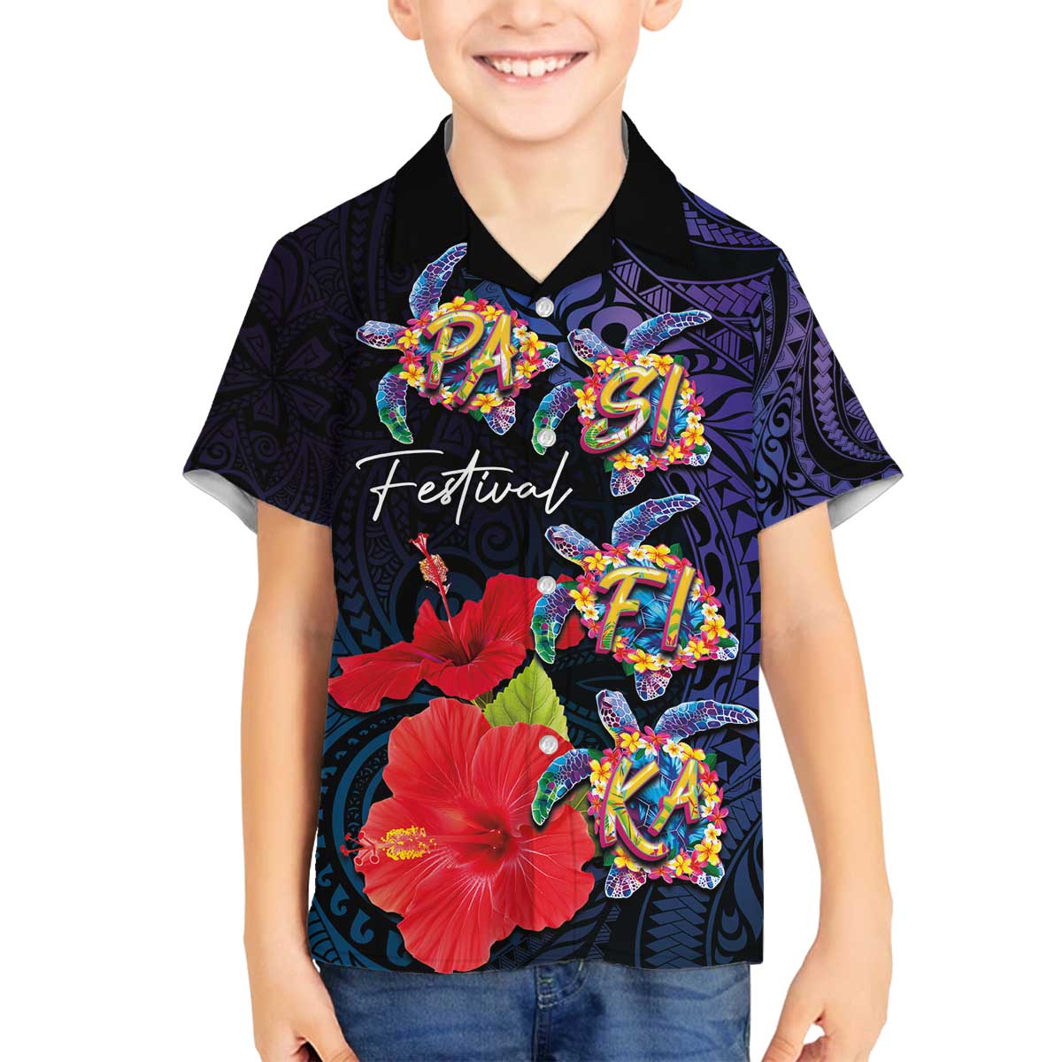 Pasifika Festival Family Matching Off The Shoulder Long Sleeve Dress and Hawaiian Shirt Plumeria Turtles with Hibiscus - Polynesian Art Tattoo Dark Navy Color LT03 Son's Shirt Dark Navy - Polynesian Pride