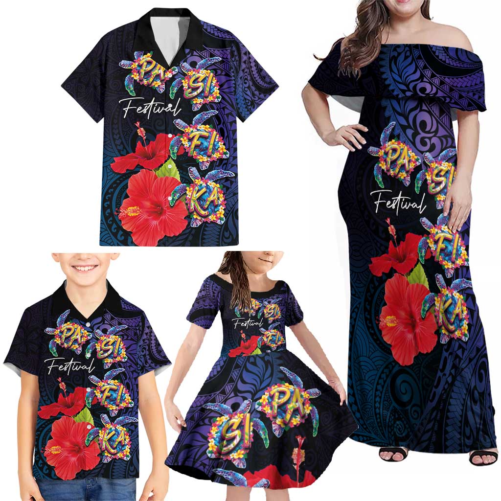 Pasifika Festival Family Matching Off Shoulder Maxi Dress and Hawaiian Shirt Plumeria Turtles with Hibiscus - Polynesian Art Tattoo Dark Navy Color LT03 - Polynesian Pride