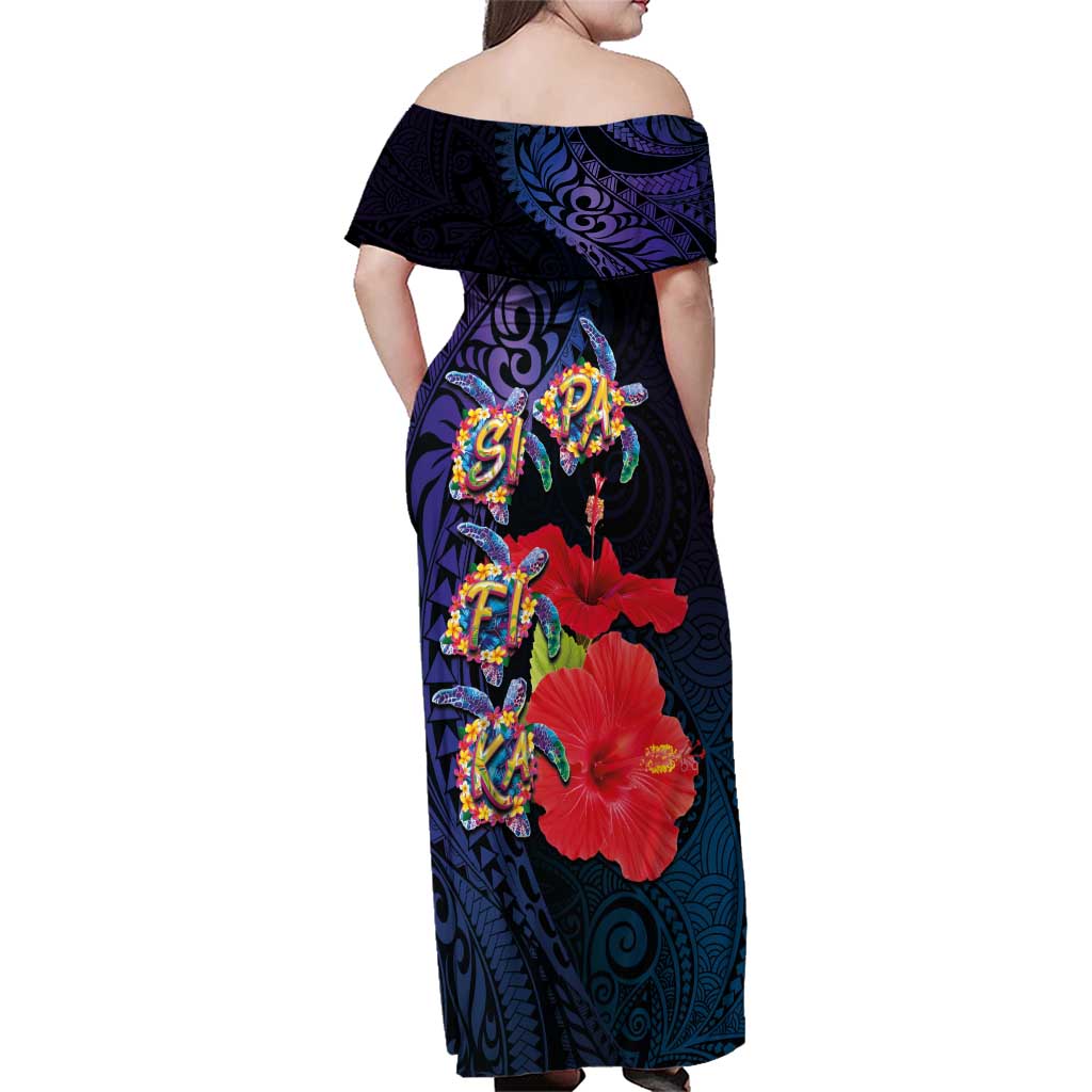 Pasifika Festival Family Matching Off Shoulder Maxi Dress and Hawaiian Shirt Plumeria Turtles with Hibiscus - Polynesian Art Tattoo Dark Navy Color LT03 - Polynesian Pride