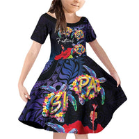 Pasifika Festival Family Matching Off Shoulder Short Dress and Hawaiian Shirt Plumeria Turtles with Hibiscus - Polynesian Art Tattoo Dark Navy Color LT03 Daughter's Dress Dark Navy - Polynesian Pride