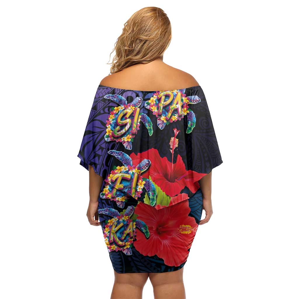 Pasifika Festival Family Matching Off Shoulder Short Dress and Hawaiian Shirt Plumeria Turtles with Hibiscus - Polynesian Art Tattoo Dark Navy Color LT03 - Polynesian Pride