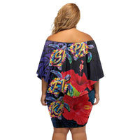 Pasifika Festival Family Matching Off Shoulder Short Dress and Hawaiian Shirt Plumeria Turtles with Hibiscus - Polynesian Art Tattoo Dark Navy Color LT03 - Polynesian Pride