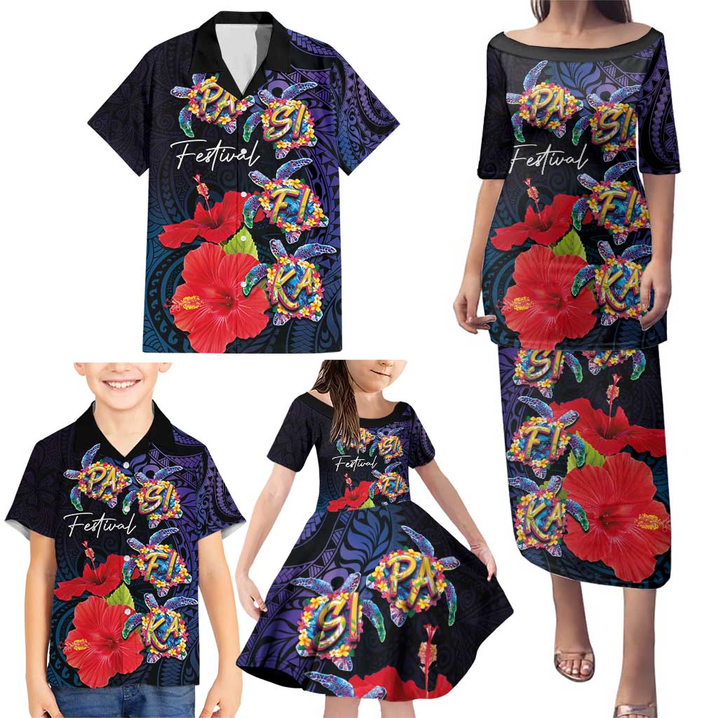 Pasifika Festival Family Matching Puletasi and Hawaiian Shirt Plumeria Turtles with Hibiscus - Polynesian Art Tattoo Dark Navy Color LT03 - Polynesian Pride