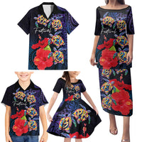 Pasifika Festival Family Matching Puletasi and Hawaiian Shirt Plumeria Turtles with Hibiscus - Polynesian Art Tattoo Dark Navy Color LT03 - Polynesian Pride
