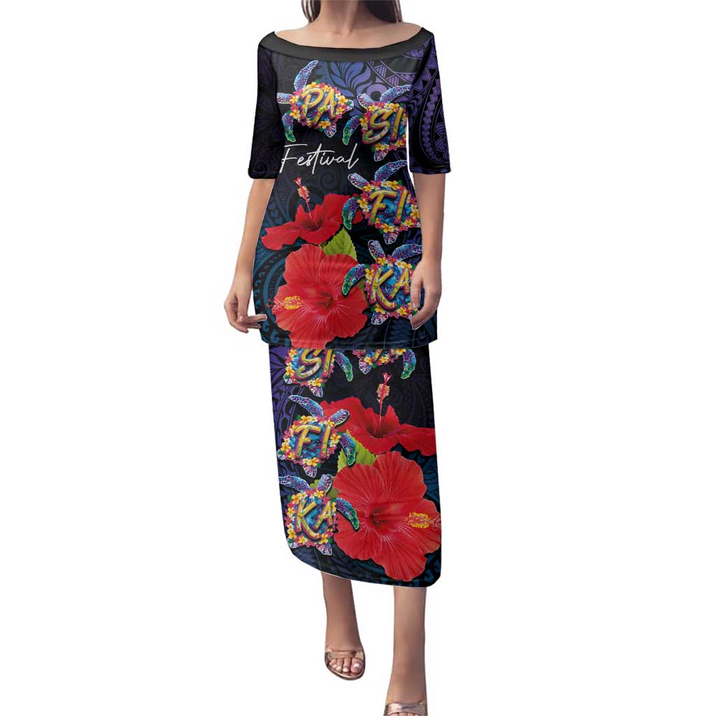 Pasifika Festival Family Matching Puletasi and Hawaiian Shirt Plumeria Turtles with Hibiscus - Polynesian Art Tattoo Dark Navy Color LT03 Mom's Dress Dark Navy - Polynesian Pride