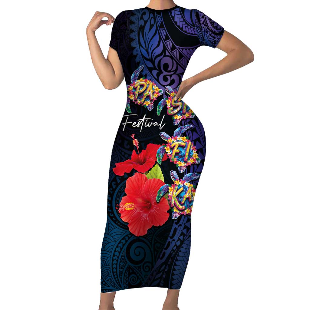 Pasifika Festival Family Matching Short Sleeve Bodycon Dress and Hawaiian Shirt Plumeria Turtles with Hibiscus - Polynesian Art Tattoo Dark Navy Color LT03 Mom's Dress Dark Navy - Polynesian Pride