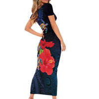 Pasifika Festival Family Matching Short Sleeve Bodycon Dress and Hawaiian Shirt Plumeria Turtles with Hibiscus - Polynesian Art Tattoo Dark Navy Color LT03 - Polynesian Pride