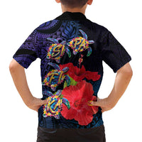 Pasifika Festival Family Matching Summer Maxi Dress and Hawaiian Shirt Plumeria Turtles with Hibiscus - Polynesian Art Tattoo Dark Navy Color LT03 - Polynesian Pride