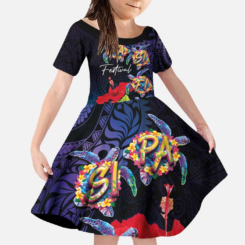 Pasifika Festival Family Matching Summer Maxi Dress and Hawaiian Shirt Plumeria Turtles with Hibiscus - Polynesian Art Tattoo Dark Navy Color LT03 Daughter's Dress Dark Navy - Polynesian Pride