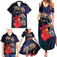 Pasifika Festival Family Matching Summer Maxi Dress and Hawaiian Shirt Plumeria Turtles with Hibiscus - Polynesian Art Tattoo Dark Navy Color LT03 - Polynesian Pride