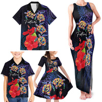 Pasifika Festival Family Matching Tank Maxi Dress and Hawaiian Shirt Plumeria Turtles with Hibiscus - Polynesian Art Tattoo Dark Navy Color LT03 - Polynesian Pride