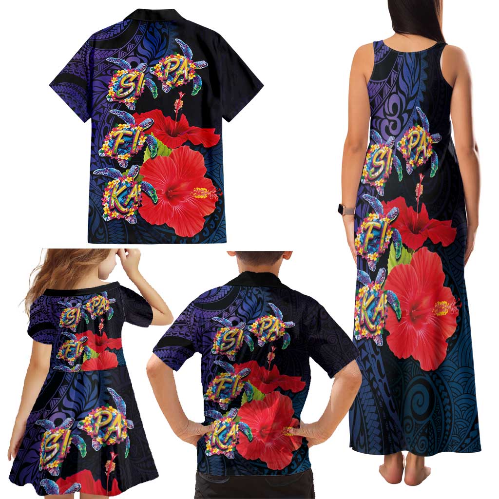 Pasifika Festival Family Matching Tank Maxi Dress and Hawaiian Shirt Plumeria Turtles with Hibiscus - Polynesian Art Tattoo Dark Navy Color LT03 - Polynesian Pride
