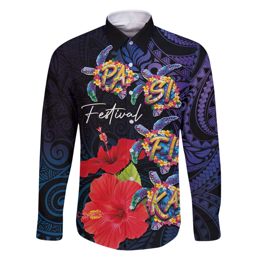Pasifika Festival Family Matching Tank Maxi Dress and Hawaiian Shirt Plumeria Turtles with Hibiscus - Polynesian Art Tattoo Dark Navy Color LT03 Dad's Shirt - Long Sleeve Dark Navy - Polynesian Pride