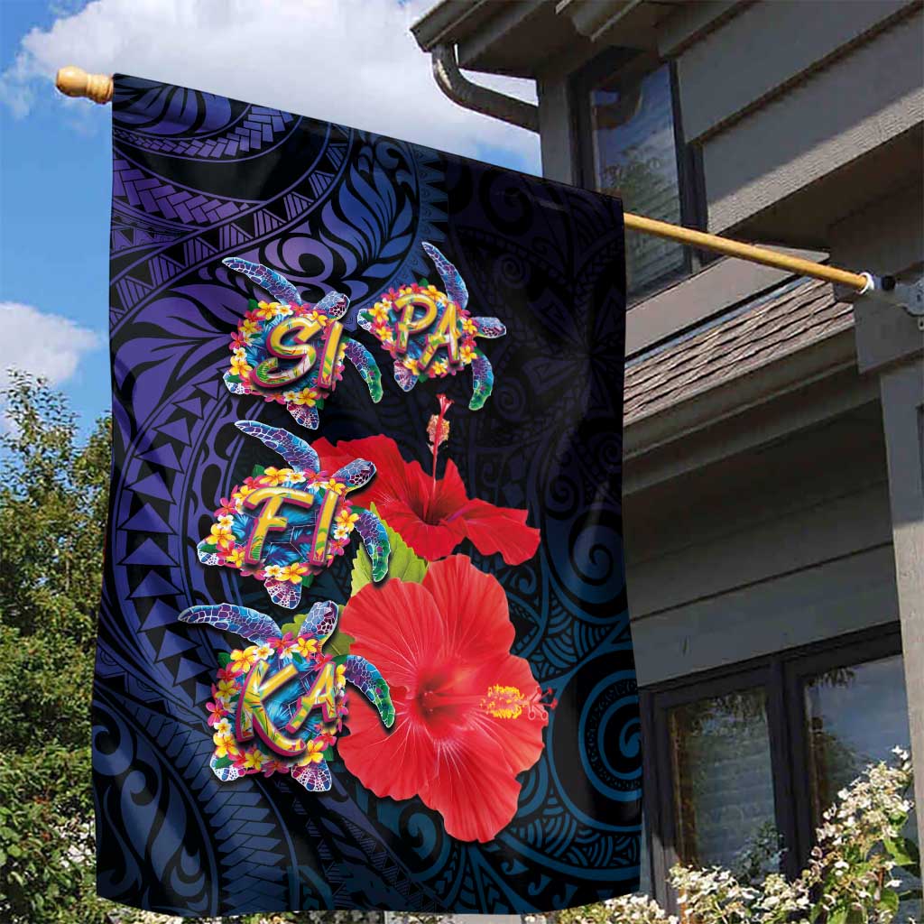 Pasifika Festival Garden Flag Plumeria Turtles with Hibiscus - Polynesian Art Tattoo Dark Navy Color LT03 - Polynesian Pride