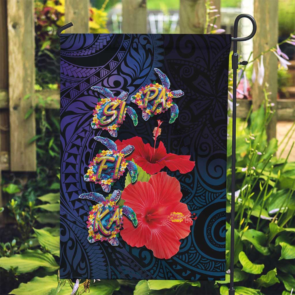 Pasifika Festival Garden Flag Plumeria Turtles with Hibiscus - Polynesian Art Tattoo Dark Navy Color LT03 Garden Flag Dark Navy - Polynesian Pride