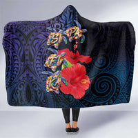 Pasifika Festival Hooded Blanket Plumeria Turtles with Hibiscus - Polynesian Art Tattoo Dark Navy Color LT03 One Size Dark Navy - Polynesian Pride