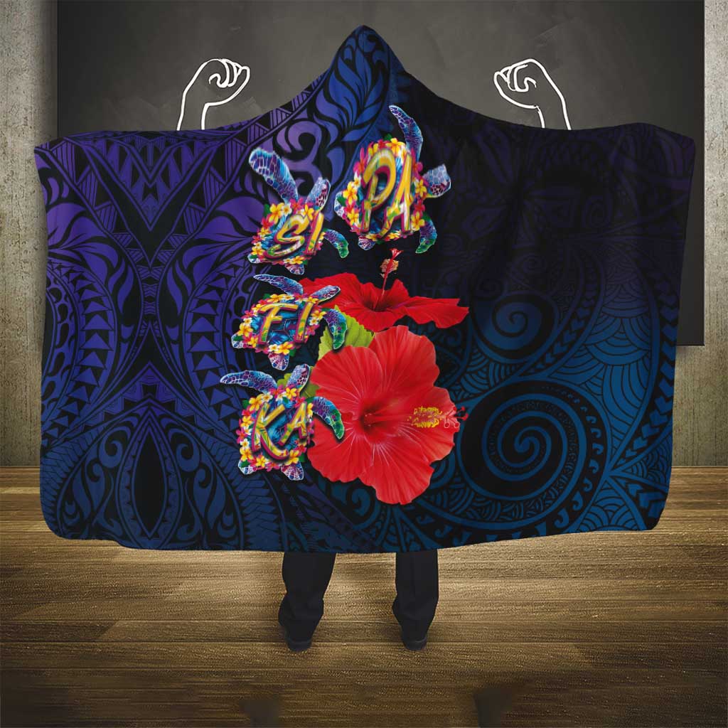 Pasifika Festival Hooded Blanket Plumeria Turtles with Hibiscus - Polynesian Art Tattoo Dark Navy Color LT03 - Polynesian Pride