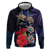 Pasifika Festival Hoodie Plumeria Turtles with Hibiscus - Polynesian Art Tattoo Dark Navy Color LT03 Pullover Hoodie Dark Navy - Polynesian Pride