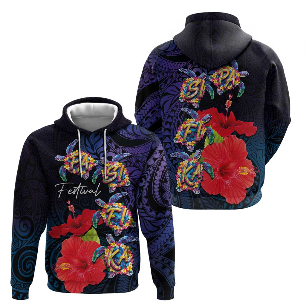 Pasifika Festival Hoodie Plumeria Turtles with Hibiscus - Polynesian Art Tattoo Dark Navy Color LT03 - Polynesian Pride