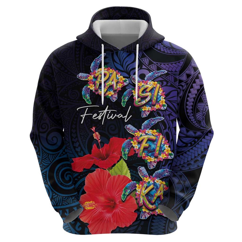 Pasifika Festival Hoodie Plumeria Turtles with Hibiscus - Polynesian Art Tattoo Dark Navy Color LT03 - Polynesian Pride