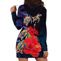 Pasifika Festival Hoodie Dress Plumeria Turtles with Hibiscus - Polynesian Art Tattoo Dark Navy Color LT03 - Polynesian Pride
