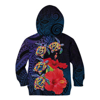 Pasifika Festival Kid Hoodie Plumeria Turtles with Hibiscus - Polynesian Art Tattoo Dark Navy Color LT03 - Polynesian Pride