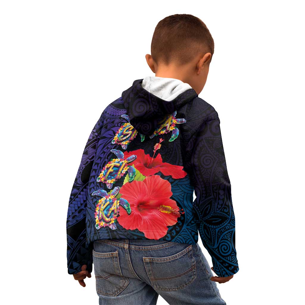Pasifika Festival Kid Hoodie Plumeria Turtles with Hibiscus - Polynesian Art Tattoo Dark Navy Color LT03 - Polynesian Pride