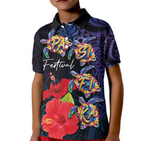 Pasifika Festival Kid Polo Shirt Plumeria Turtles with Hibiscus - Polynesian Art Tattoo Dark Navy Color LT03 Kid Dark Navy - Polynesian Pride