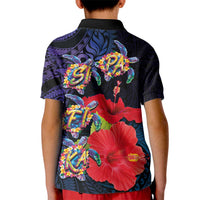 Pasifika Festival Kid Polo Shirt Plumeria Turtles with Hibiscus - Polynesian Art Tattoo Dark Navy Color LT03 - Polynesian Pride