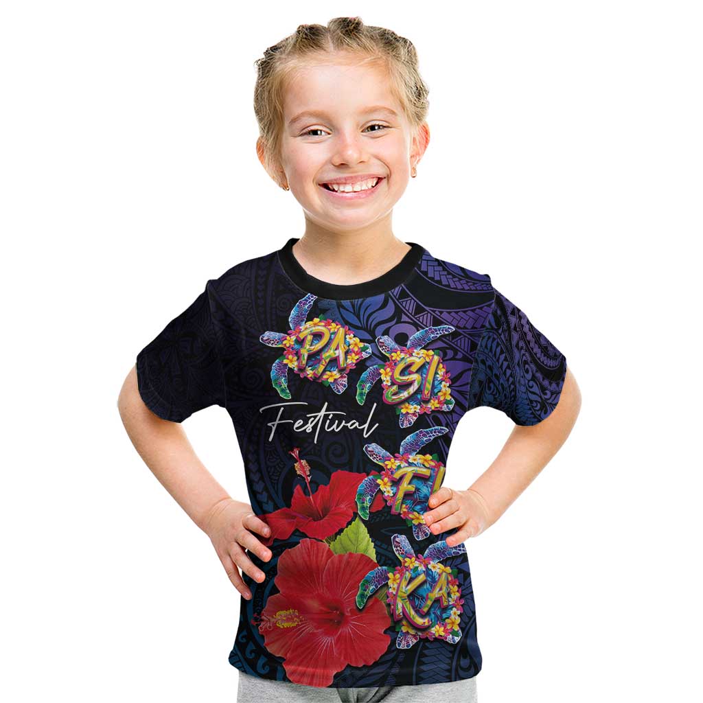 Pasifika Festival Kid T Shirt Plumeria Turtles with Hibiscus - Polynesian Art Tattoo Dark Navy Color LT03 Dark Navy - Polynesian Pride