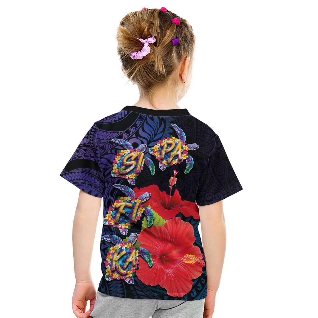 Pasifika Festival Kid T Shirt Plumeria Turtles with Hibiscus - Polynesian Art Tattoo Dark Navy Color LT03 - Polynesian Pride