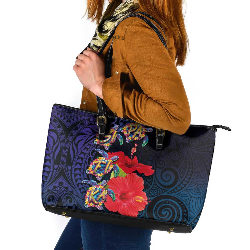 Pasifika Festival Leather Tote Bag Plumeria Turtles with Hibiscus - Polynesian Art Tattoo Dark Navy Color LT03 Dark Navy - Polynesian Pride